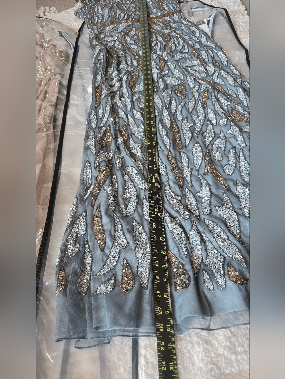 New Mac Duggal Silver-Gray Sequin Embellished Evening Gown with Gold Accents 10 - Picture 13 of 13